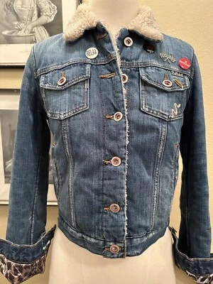 Joe’s Jeans S Distressed Embellished Fleece Leopard Boho Chic Denim Jacket Coat - Image 1 of 4