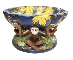 Majolica Centerpiece Bowl Tropical Fruit and Monkey Design Handpainted - Picture 1 of 8