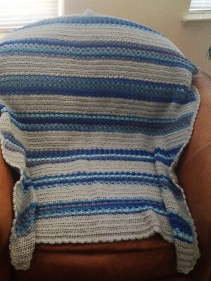 NEW HAND CROCHET BLUE GRAY STRIPES MULTI COLOR AFGHAN LAP BLANKET THROW - Image 1 of 3