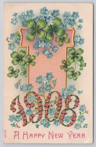 1908 Happy New Year Embossed Clover Flowers PM 1907 Postcard - Picture 1 of 2