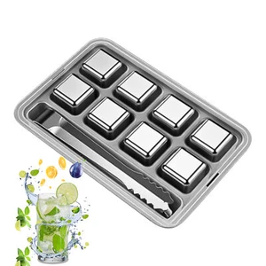 Gift Set of 8 Stainless Steel Ice Whiskey Stones (8 Metal Ice Cubes, Tongs, Tray - Picture 1 of 12