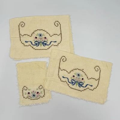 Conjunto de cachecol cômoda vintage bordado à mão arcos flores linho 3 peças Cottagecore MCM - Imagem 1 de 4