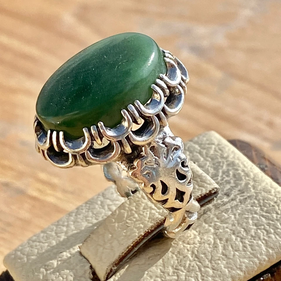 Anillo pesado único de plata de ley 925 para hombre jade verde natural jadeíta Foto 1 de 4
