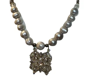 Artisan Black/ Gray Sea Pearl Necklace 18" Ornate Crystal Pendant ,Crystal Beads - Picture 1 of 5