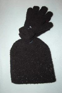 Girls WNTER HAT & GLOVES SET Plush Warm BLACK FUZZY Silver Sparkle ONE SIZE - Picture 1 of 1