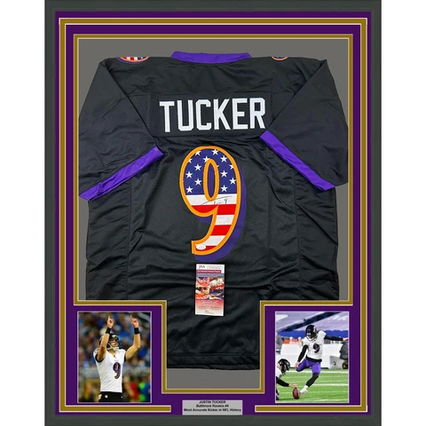 Framed Autographed/Signed Justin Tucker 33x42 Baltimore Black Jersey JSA COA Cover