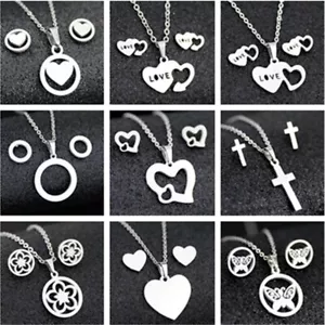 Edelstahl Damen Silber Schmuck Set Anhänger Ohrringe Halskette Charm Geschenk - Bild 1 von 39