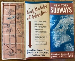 Vintage 1940 Brochure New York City SUBWAY NYC Union Dime Bank 11.5”x18” MAP