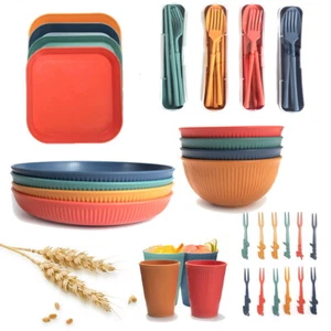 48pcs Wheat Straw Dinnerware Sets Unbreakable Plates Bowls Cups for Camping BBQ - Picture 1 of 12