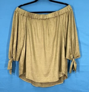 Nwt LOVE J Tan STRETCH MICROFIBER Off-Shoulder TIE 3/4 SLEEVE Western Boho TOP L - Picture 1 of 5