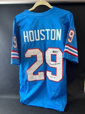 Camiseta Houston Oilers Ken Houston assinada com inscrição "HOF 86" adesivo Beckett APENAS - Imagem 1 de 3