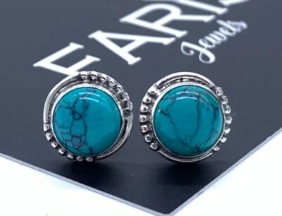 Beautiful 925 Sterling Silver Turquoise Round Designer Earrings Studs Gemstone - Image 1 of 3