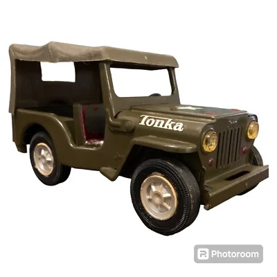 Vintage 1960s Tonka Jeep Fold Down Windshield Pressed Steel with Top Army Green - Image 1 of 4