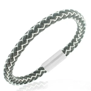 EDFORCE Stainless Steel Black White Faux Leather Silver-Tone Mens Bracelet, 8" - Picture 1 of 3