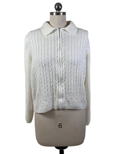 Alfred Dunner Sweater Cardigan Womens PL CableKnit Full Zip Ivory CabinChic 90s - Picture 1 of 8