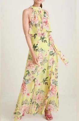 Maxi Vestido Eliza J Para Mujer 0 Amarillo Floral Halter Plisado Popover Fluido en Niveles Foto 1 de 4
