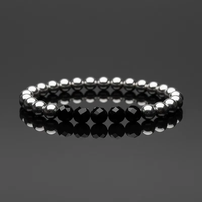 Bracciale Elegante Nero con perle Acciaio inox argento braccialetto Uomo e Donna - Immagine 1 di 4