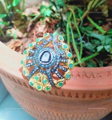 Polki Mit Pave Diamant Cocktailring, 925 Silber Smaragd Edelstein Hochzeitsring - Bild 1 von 4