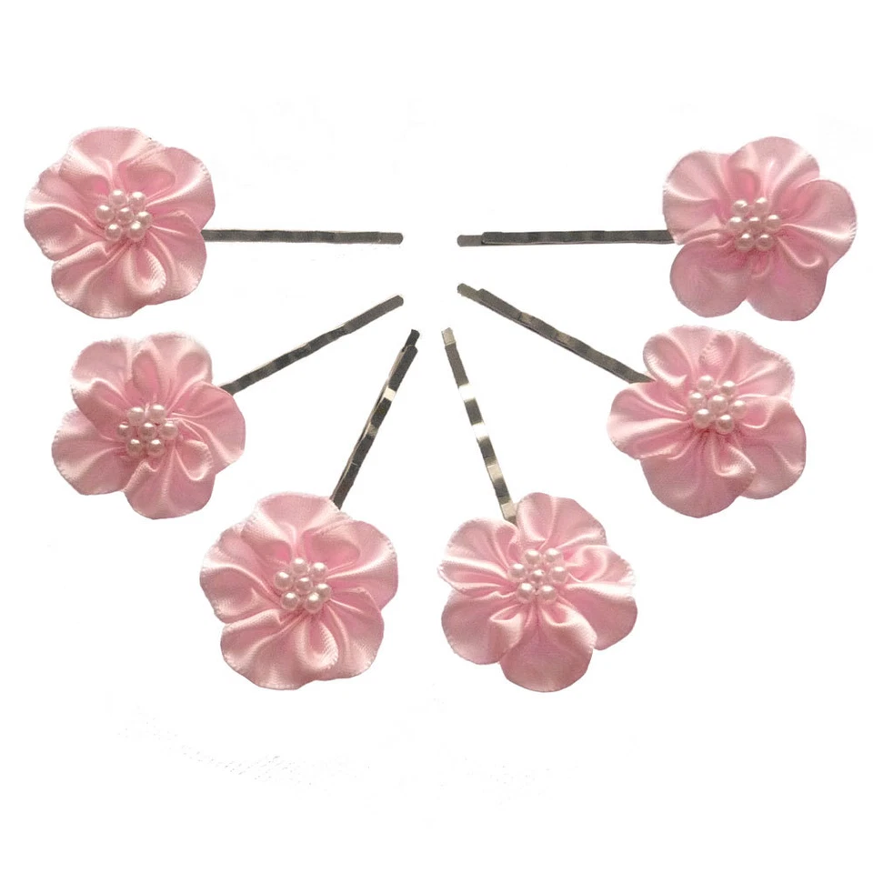 6 épingles pinces plates cheveux mariage fleur satin rose perles nacrées blanc - Photo 1/1