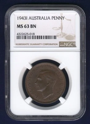 AUSTRALIA GEORGE VI 1943 PENNY COIN, CHOICE UNCIRCULATED CERTIFIED NGC MS-63-BN - Image 1 of 2