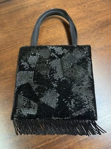 VTG Black Beaded Classic Evening Handbag Purse Fringe 7 X 7.5 Elegant Classy - Picture 1 of 5