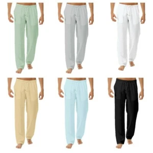 Men Cotton Linen Trousers Pants Plain Drawstring Elastic Waist Loose Casual - Picture 1 of 18