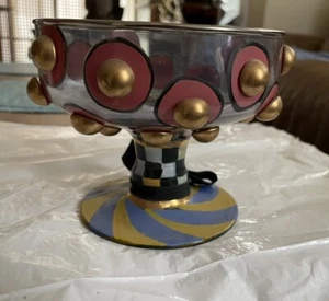 WHIMSICAL VTG Mackenzie Childs Large Footed Pedestal Glass Compote Bowl - Picture 1 of 4