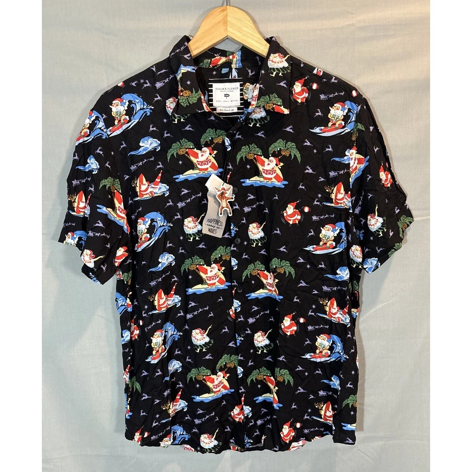 全新带标签 Denim & Flower 男式 L 圣诞老人冲浪衬衫粘胶 Aloha 夏威夷假日 — 第 1/4 张图片