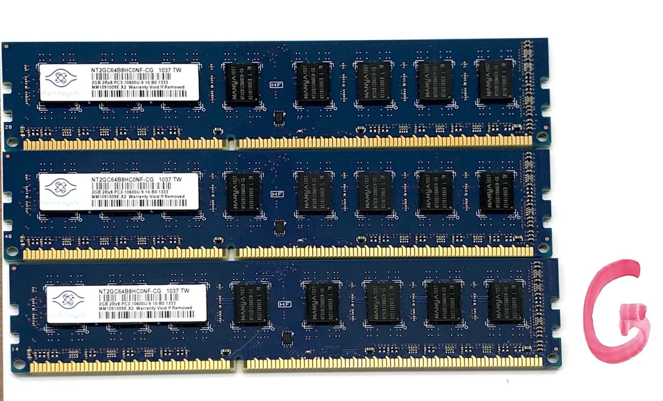 Lot of 3 Nanya NT2GC64B8HC0NF-CG 2GB 240 Pin Modules(2GB each) 6GB total (G) - Image 1 of 1