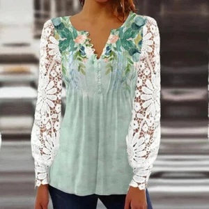 WOMENS Lace V-Neck Tops T-Shirts Ladies Long Sleeve Casual Blouse Tee Plus Size* - Picture 1 of 20