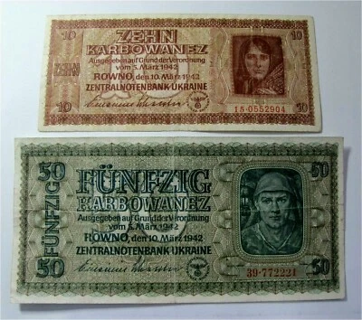 Ukraine 1942 German Occupation 10-50 Karbovantsiv Karbowanez P-52 P-54  - Image 1 of 4