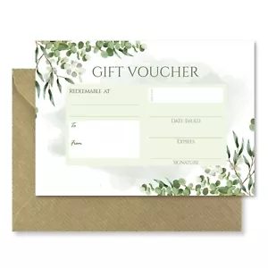 Blank Gift Vouchers & Kraft Envelopes - Double Sided Botanical Leaf Design - Picture 1 of 3