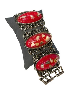 Vintage Chunky Confetti Lucite Bracelet Selro Selini Gold Tone Book Panel 60’s - Bild 1 von 3