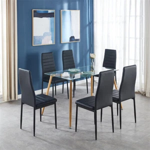 7PCS Modern 51" Rectangular Glass Top Dining Table Set,Faux Leather Parson Chair - Picture 1 of 7