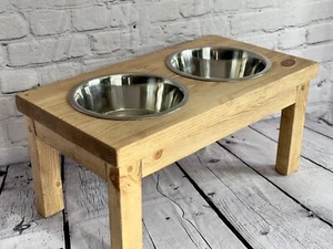 Wooden Double Bespoke Dog Pet Bowl Feeding Food Stand Rustic Quality Beautiful - Picture 1 of 4
