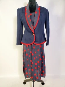 Vintage 80s Navy Blue and Red Polka Dot Two Piece Skirt Set - Picture 1 of 7