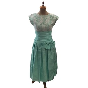 Vintage 80s Patty O'Neil Lace Taffeta Party Dress Prom 4 Mint Green Ruched B12 - Picture 1 of 10