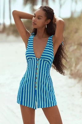NWT Anthropologie Celandine Halter Button-Front Romper LARGE Striped Blue - Image 1 of 3