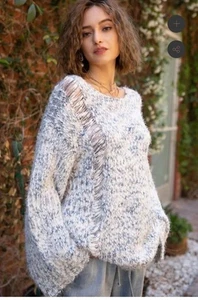 POL Mohair Knitted Sweater Blue Haze 3Tone Size M Cozy Soft Pullover Oversized - Picture 1 of 11