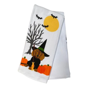 NUEVO CON ETIQUETAS Halloween Dachshund Doxie Cachorro Perro Bruja Disfraz Calabaza Juego de Toallas de Cocina - Imagen 1 de 3