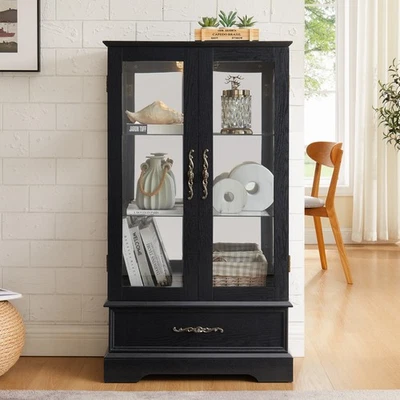[New]Lighted Glass Curio Cabinet w/Adjustable Shelves|Elegant 2-Door Display C - Image 1 of 4