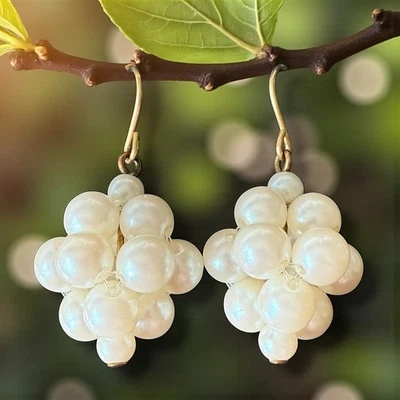 Pearl Cluster Dangle Earrings Beaded Vintage Grape Drop - Image 1 of 4