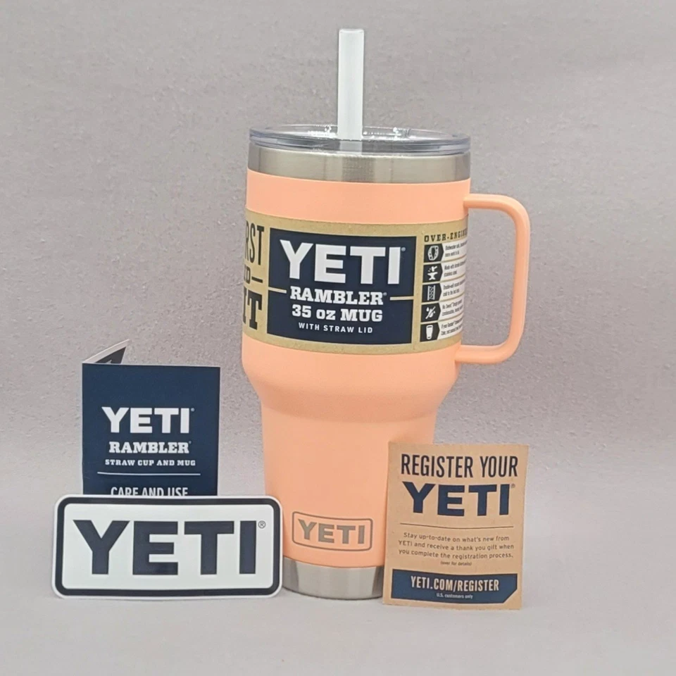Taza Yeti Rambler 35 OZ color melocotón con tapa de pajita y mango nueva con etiquetas Foto 1 de 1