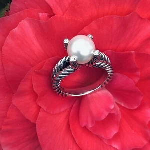David Yurman 10mm Cultured Freshwater Pearl & Diamonds Ring Size 7 Beautiful - Picture 1 of 9