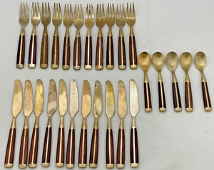 Utensilios de bronce y madera vintage 11 cuchillos, 11 tenedores, 5 cucharas - Imagen 1 de 3