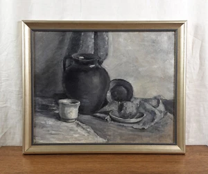 Natura morta monocromatica con brocca e frutta, dipinto ad olio originale - Foto 1 di 9