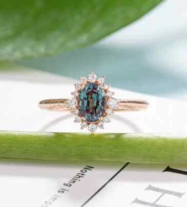 vintage Alexandrite engagement ring oval cut women halo rose gold engagement - Picture 1 of 5