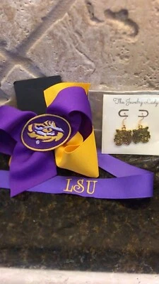 LSU Tiger Earrings Bow Ribbon Embroidered Louisiana Football - Image 1 of 4