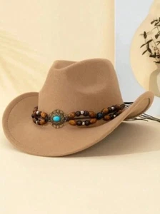 Beige, Cowboy & Cowgirl Hat – Wide Brim, Brown Bead Strap, Retro Western Look - Picture 1 of 6