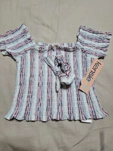 Kensie Girl's Square Neck Shirt Blouse Short Sleeve Elastic Waist Pink White 10 - Picture 1 of 4